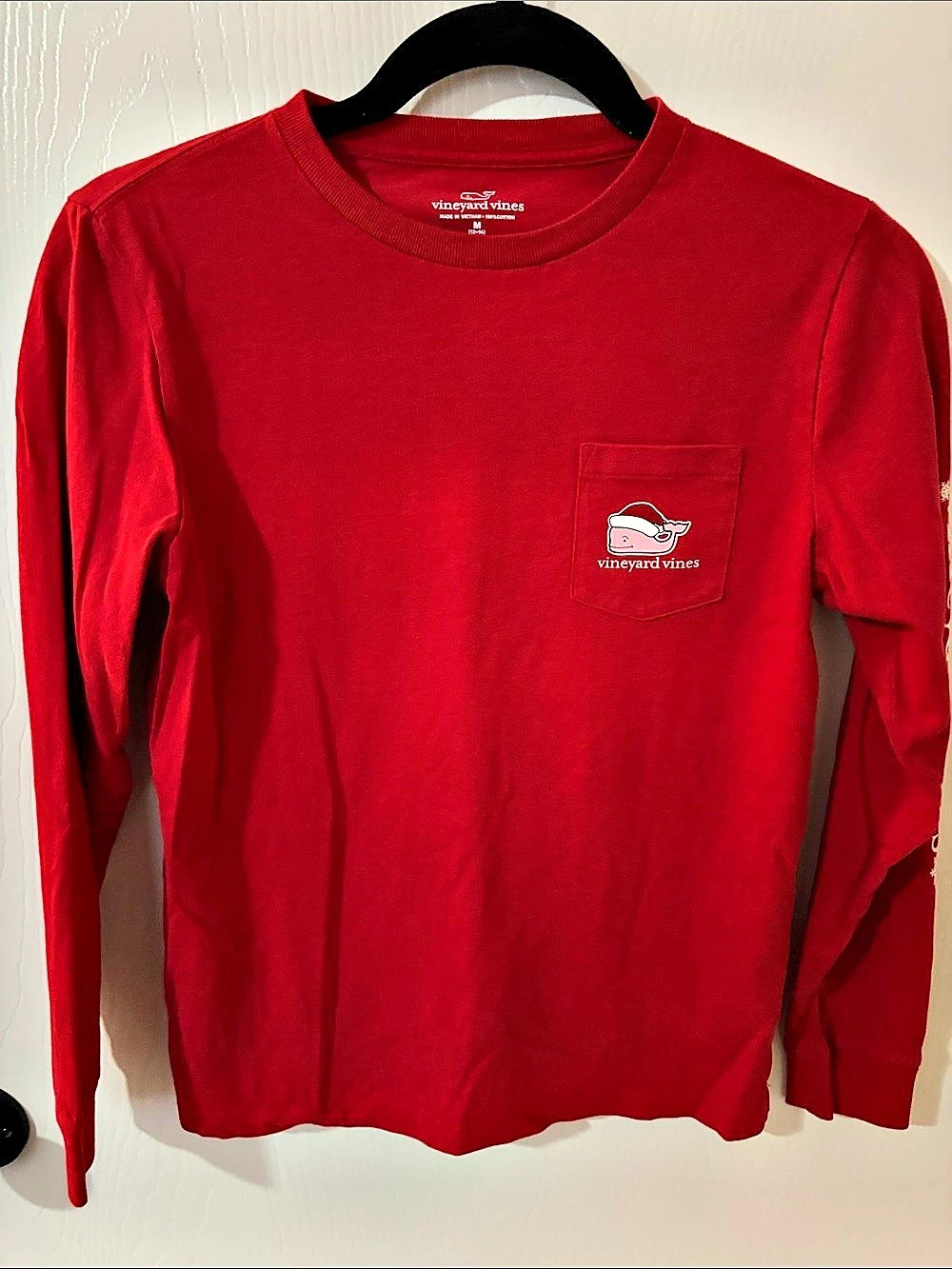 Vineyard Vines Kids Santa Whale Long-Sleeve Pocket T-Shirt Tee Red Medium